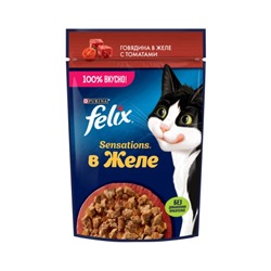 Влажный корм Felix Sensations для кошек, говядина/томат в желе, 75 г