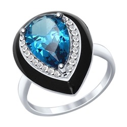 Кольцо из серебра с эмалью с синим ситаллом и фианитами, 92011297