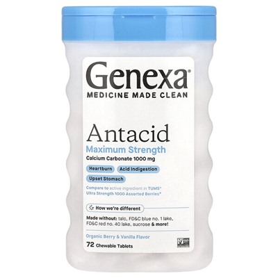 Genexa Антацид, максимальная сила, органические ягоды и ваниль, 72 жевательные таблетки