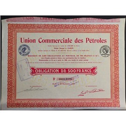 Акция Торговый союз нефтяных компаний, 500 франков 1921 года, Франция