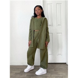 SHEIN Tween-Mädchen 3-teiliges Set: Kapuzenpullover, ärmellose Weste und Jogginghose