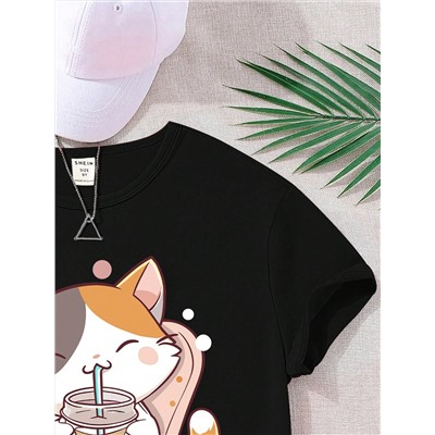 SHEIN Genkimix Kids Schwarzes T-Shirt mit niedlichem Cartoon-Kätzchen-Design trinkt Milchtee, Must-Have für Teenager-Mädchen im Sommer