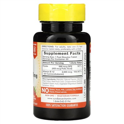 Sundance Vitamins B-12 + Фолиевая кислота, Натуральная ягода - 2500 мкг - 60 таблеток быстрого растворения - Sundance Vitamins