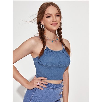 Denim Crop Cami Top mit Reißverschluss hinten, Rüschen