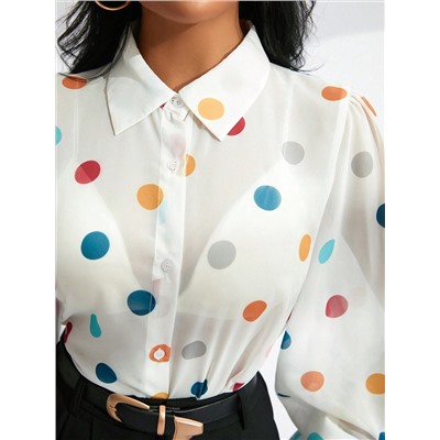 SHEIN Privé Farbenfrohes Langarmhemd Mit Polka-dot-druck