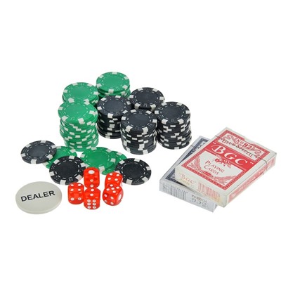 УЦЕНКА Набор для покера в кейсе 100 фиш. без/ном.11гр, 2 колод.карт. х54шт,5 кубиков,20х20см
