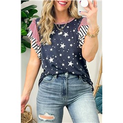 Gray Striped Ruffled Sleeve Star Print T Shirt