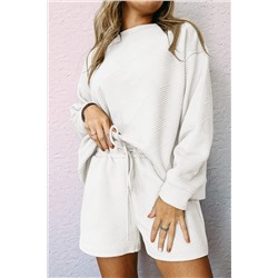 White Textured Long Sleeve Top and Drawstring Shorts Set