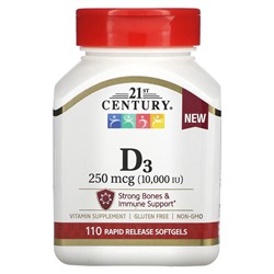 21st Century Витамин D3, 250 мкг (10 000 МЕ), 110 мягких таблеток с быстрым высвобождением