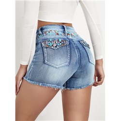 Denim Shorts mit Pflanze Stickerei, unbearbeitetem Saum