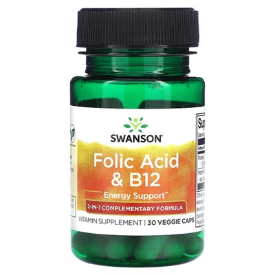 Swanson Фолиевая кислота и B12 - 30 растительных капсул - Swanson