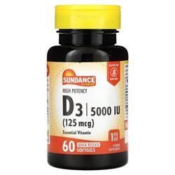 Sundance Vitamins Высокоэффективный D3, 125 мкг (5000 МЕ), 60 мягких таблеток с быстрым высвобождением