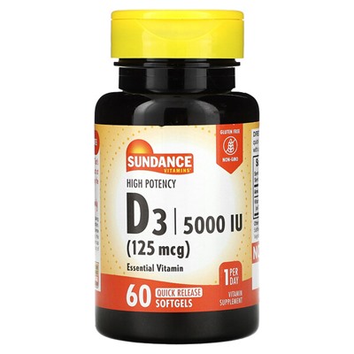 Sundance Vitamins Высокоэффективный D3, 125 мкг (5000 МЕ), 60 мягких таблеток с быстрым высвобождением