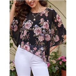 EMERY ROSE Bluse mit Blume Muster, Fledermausärmeln, asymmetrischem Saum,