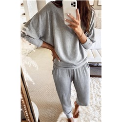 Light Grey Ribbed Dolman Sleeve Top and Pocketed Pants Set