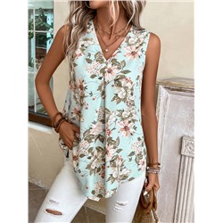 EMERY ROSE Ärmellose Bluse mit Blume Muster, V-Ausschnitt,