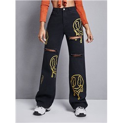 Рваные джинсы SHEIN EZwear с широкими штанинами и графическим рисунком
