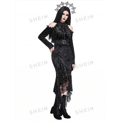 ROMWE Vintage sexy gotisches elegantes Spitzen-Patchwork-Kleid mit langen Ärmeln, geeignet für Halloween