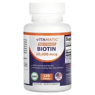 Vitamatic Биотин, Максимальная сила, 20000 мкг, 120 таблеток - Vitamatic