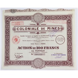 Акция Колониальная горнодобывающая компания, 100 франков 1930 года, Франция