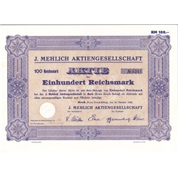 Акция Металлургический завод J. Mehlich, 100 рейхсмарок 1935 г, Германия