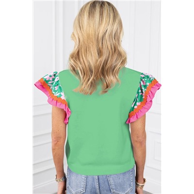 Light Green Contrast Ricrac Floral Sleeve Top