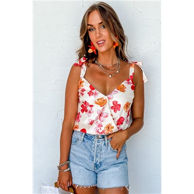 White Floral Button Wrap Sleeveless Bodysuit