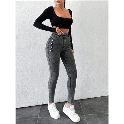 SHEIN Cottnline Slim-fit-jeans Für Damen Mit Knopfdetails