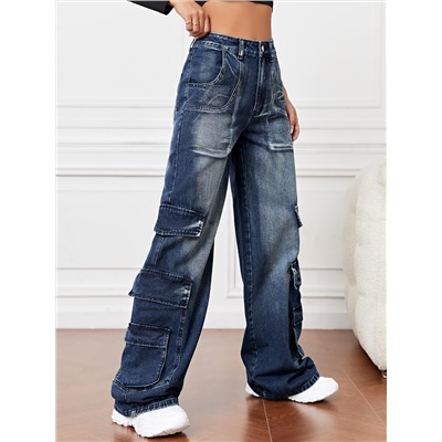 SHEIN EZwear Cargo Jeans mit hoher Taille, Pattentasche