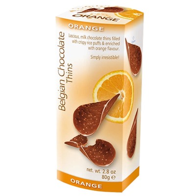 Бельгийские шоколадные чипсы Belgian Chocolate Thins Orange с апельсиновым вкусом 80 гр
