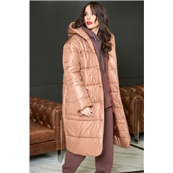 Пальто зимнее с капюшоном женское на синтепоне коричневого цвета