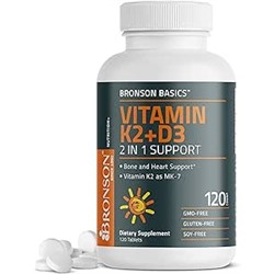Bronson Basics Vitamin K2 D3 (MK7) Supplement Non-GMO Formula 5000IU (125 mcg) Vitamin D3 & 90 mcg Vitamin K2 MK-7 Easy to Swallow Vitamin D & K Complex, 120 Tablets