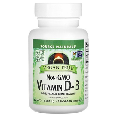 Source Naturals Не содержащий ГМО витамин D-3, 50 мкг (2000 МЕ), 120 веганских капсул