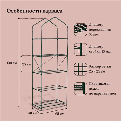 Парник-стеллаж, 5 полок, 190 × 65 × 40 см, металлический каркас d = 16 мм, чехол плёнка 100 мкм