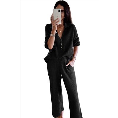 Black Ribbed Knit Collared Henley Top and Pants Lounge Outfit