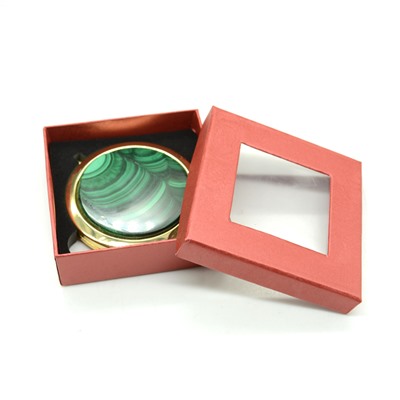 Сувенирное зеркальце с малахитом круглое, золотистое, в коробочке