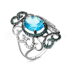 Кольцо из серебра с кварцем голубой топаз и фианитами родированное 925 пробы 1-047р102