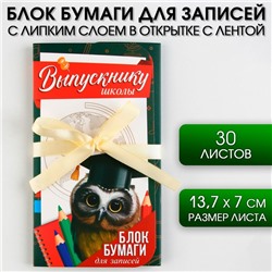 Блок бумаги для записей с липким слоем «Выпускнику школы» в открытке с лентой, 30 листов.