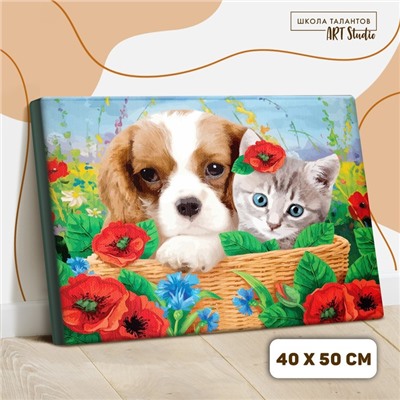 Картина по номерам на холсте с подрамником «Котенок и щенок» 40 × 50 см