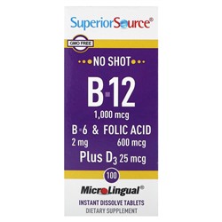 Superior Source B-12, B-6, Фолиевая кислота и D3 - 1000 мкг, 2 мг, 600 мкг, 25 мкг - 100 таблеток микрорастворимых - Superior Source