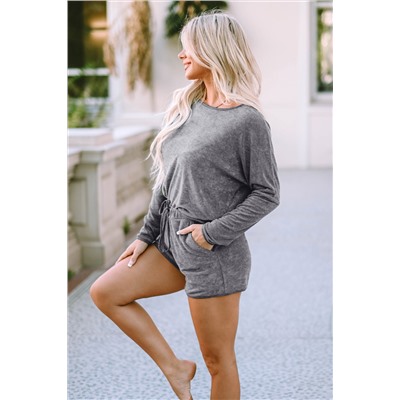 Gray Long Sleeve Top and Drawstring Shorts Lounge Set