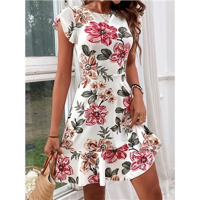 SHEIN VCAY Blumenmuster Mit Gerüschten Ärmeln Und Gestrickter Taille Sommerkleid Für Damen