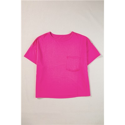 Bright Pink Patched Pocket Exposed Seam Oversize T-shirt