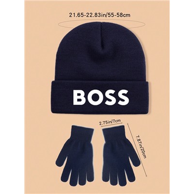 6 Stücke/2 Stücke Herren & Damen BOSS Logo gestrickte Beanie Mütze & Handschuh Set, vielseitige minimalistische warme Mütze & fingerlose Handschuhe, geeignet für Herbst/Winter Outdoor-Tragen, ideal als Geburtstags/Feiertags Geschenk