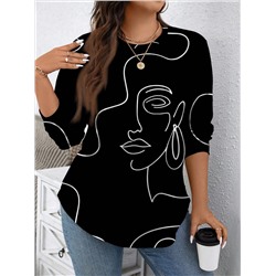 SHEIN LUNE Lässiger minimalistischer Portrait-Grafik-Muster, locker sitzender Rundhalspullover Hoodie-Sweatshirt, Große Größen, Herbst/Winter