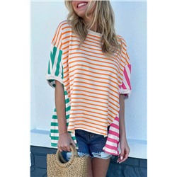 Orange Stripe Colorblock Patchwork Baggy T Shirt