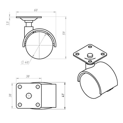 Колесо мебельное ТУНДРА, на площадке, d=40 мм, h=59 мм 1 шт.