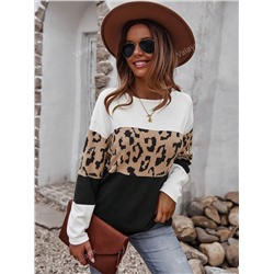 Pullover mit Leopard Muster, Farbblock, Drop Shoulder