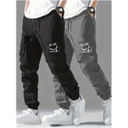 Tween-Jungen 2-teiliges lässiges Cargo-Hose mit Kordelzug, lockere Utility-Hose mit entspannter Passform für Frühling, Herbst und Sommer, lächelnder Gesichtsdruck, Academy-Stil