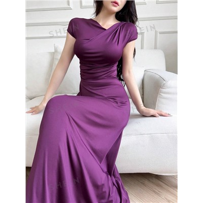 SHEIN Mulvari Damen elegantes einfarbiges Kleid mit asymmetrischem Ausschnitt, Sommer